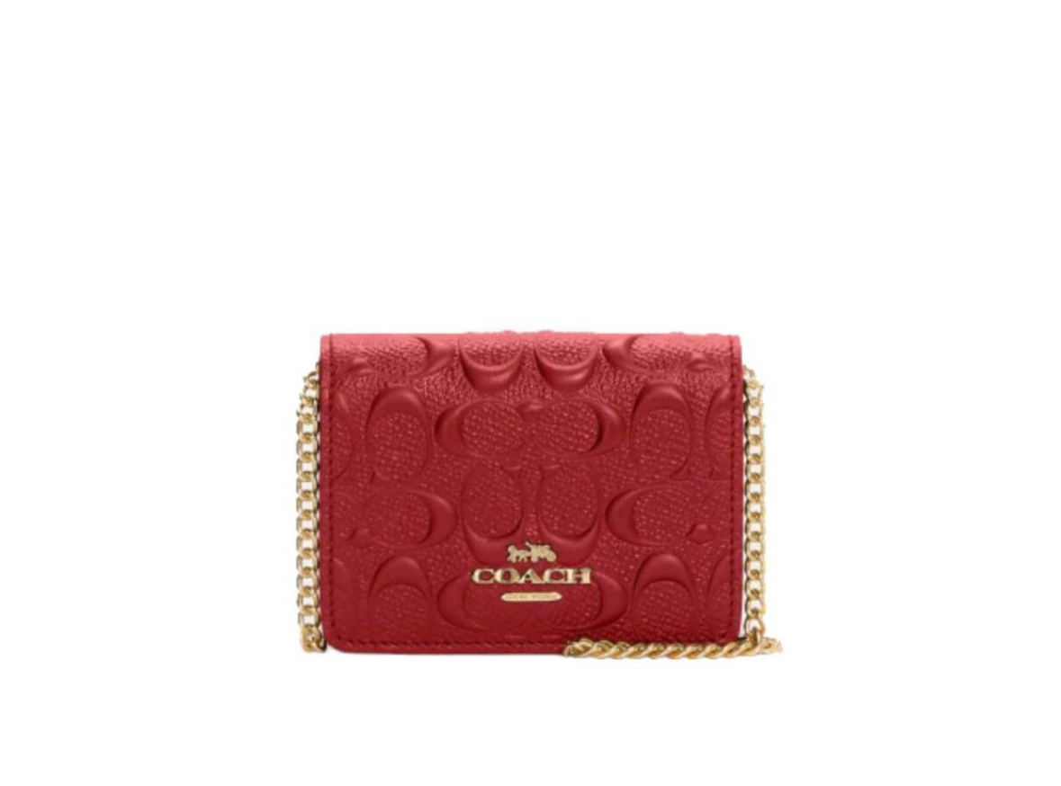 Coach Mini Wallet On A Chain Crossbody Signature Leather In Debossed Red