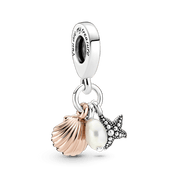 Charm Colgante Triple Perla Cultivada de Agua Dulce, Estrella de Mar y Concha
