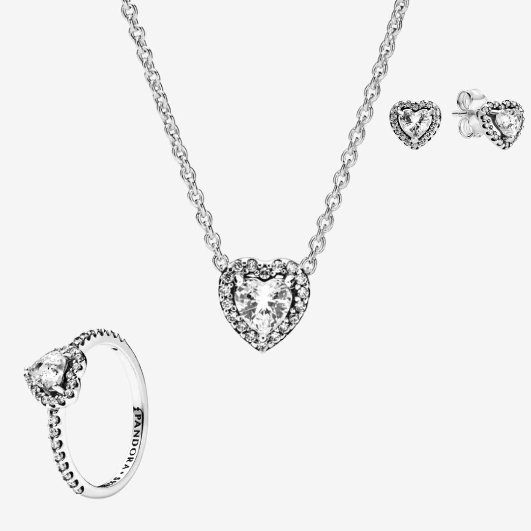 Conjunto Corazón en Relieve Blanco (Anillo + Collar + Pendientes)