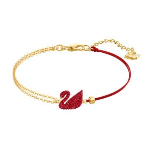 Pulsera Swarovski Cisne Rojo con Cadena Dorada y Cordón