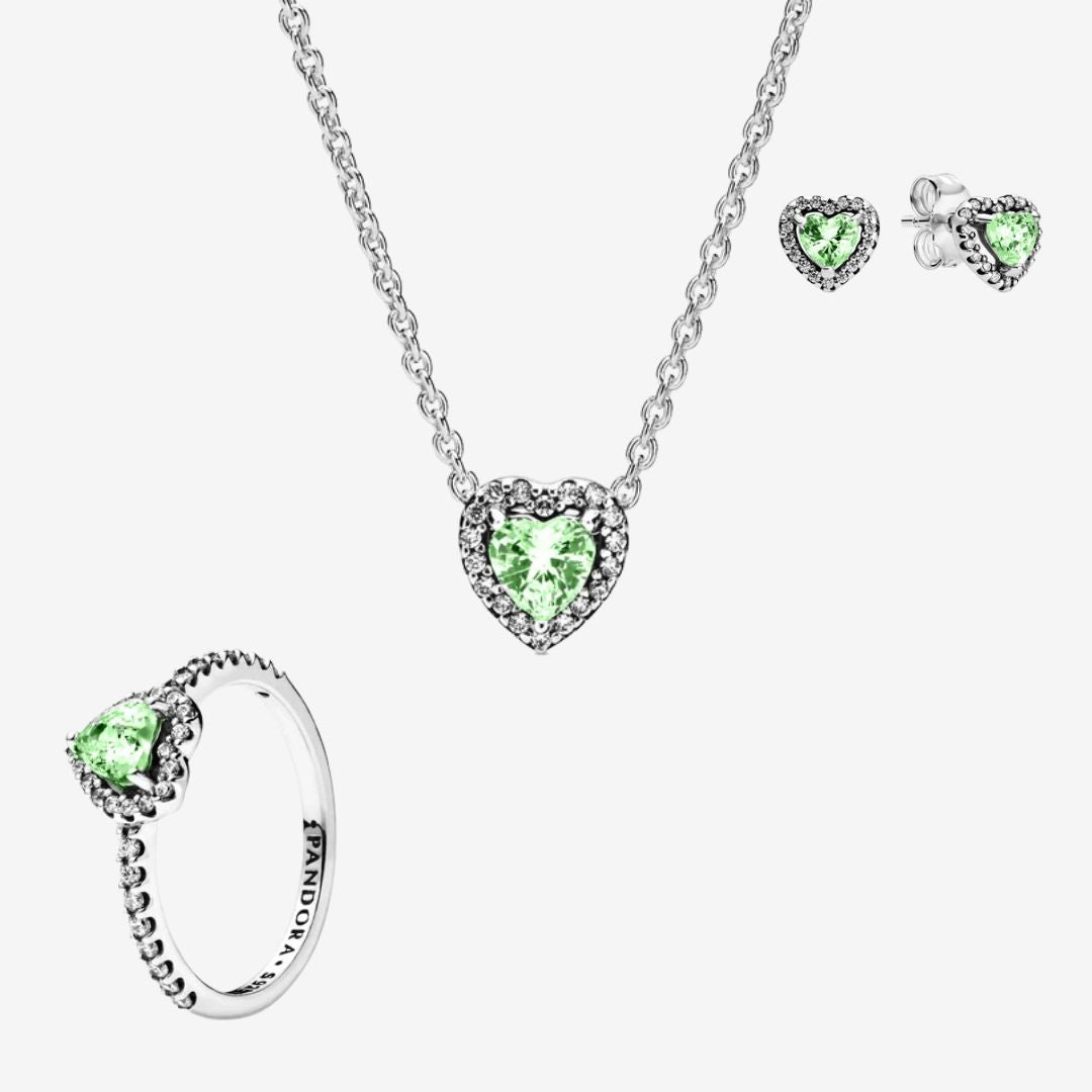 Conjunto Corazón en Relieve Verde (Anillo + Collar + Pendientes)