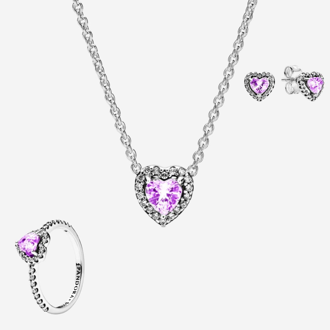 Conjunto Corazón en Relieve Morado (Anillo + Collar + Pendientes)