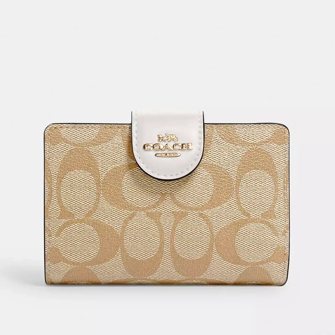 Coach Mila Small Flap Wallet Signature Canvas En Beige y Blanco